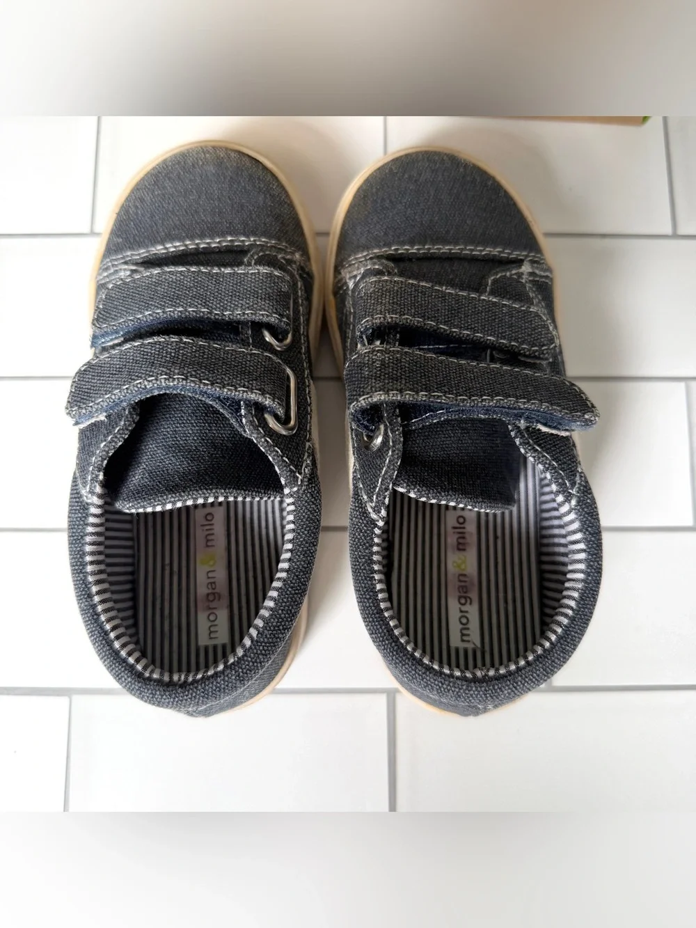 9💙 Morgan & Milo Toddler Boy Miles Double V Shoe Navy Blue Denim Velcro Sneakers